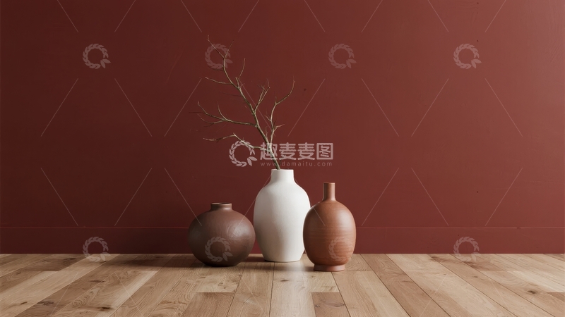 高清大图下载【趣麦麦图】三个陶罐与干枝摆放在木质地板上