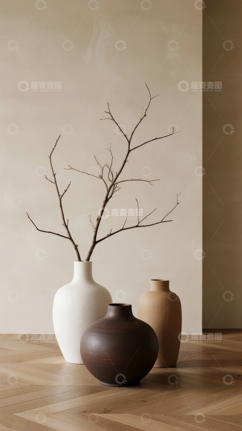 高清大图下载【趣麦麦图】简约风格室内装饰三件陶罐与枯枝摆设