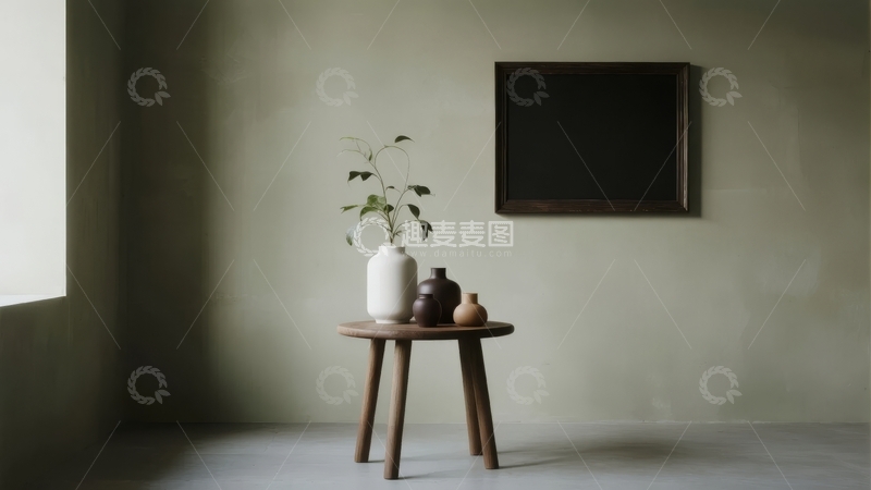 高清大图下载【趣麦麦图】简约室内角落摆放着木质圆桌与装饰花瓶