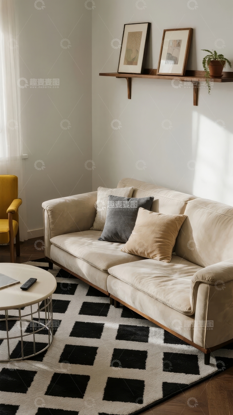 高清大图下载【趣麦麦图】现代简约风格客厅一角摆放着米色沙发和黄色扶手椅
