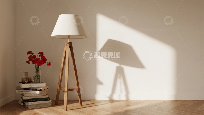 高清大图下载【趣麦麦图】阳光洒落的室内角落三脚架灯与书本静物
