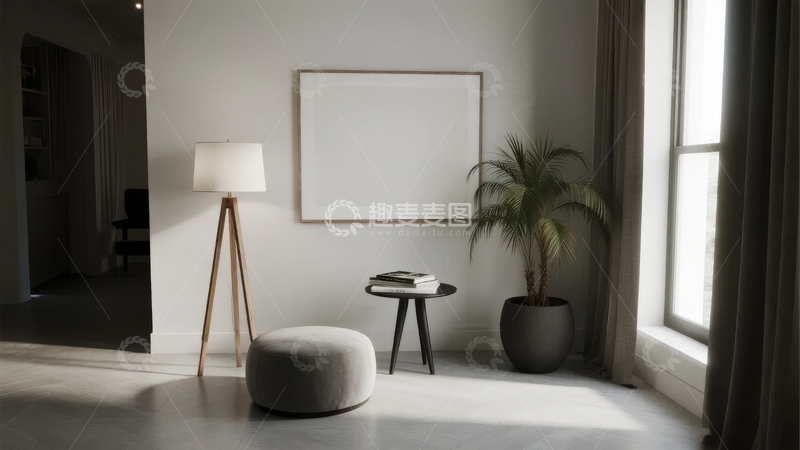 高清大图下载【趣麦麦图】现代简约风格室内角落布置有落地灯植物和装饰画