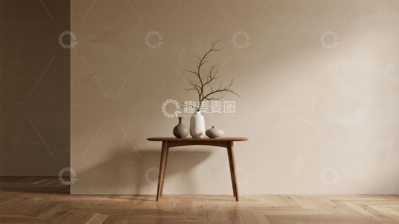 高清大图下载【趣麦麦图】简约风格室内摆放三件陶瓷花瓶与枯枝装饰
