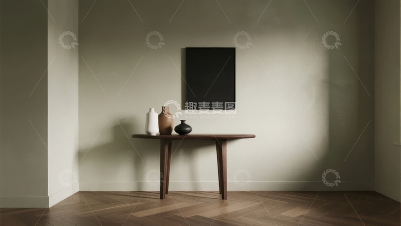 高清大图下载【趣麦麦图】简约室内空间摆放着陶罐与黑色画作