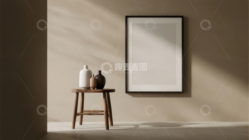 高清大图下载【趣麦麦图】简约室内一角摆放着木质小桌与装饰花瓶