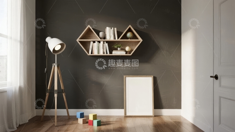 高清大图下载【趣麦麦图】现代简约风格室内一角摆放着书架和装饰品