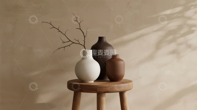 高清大图下载【趣麦麦图】三只不同颜色花瓶置于木质凳子上