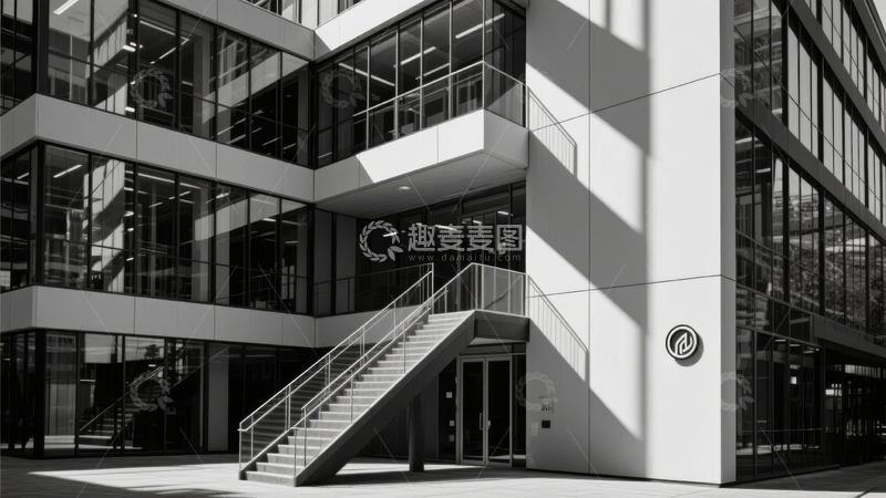 高清大图下载【趣麦麦图】现代建筑黑白照片展示楼梯与玻璃幕墙设计