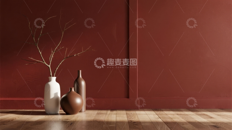高清大图下载【趣麦麦图】红色墙面与木质地板上的简约花瓶装饰
