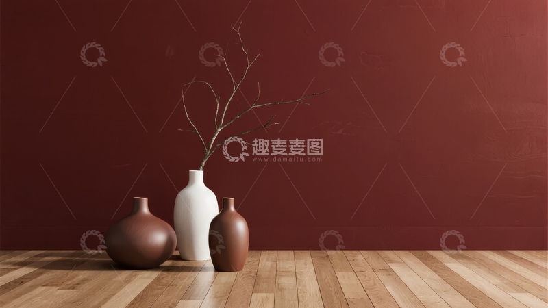 高清大图下载【趣麦麦图】三只花瓶与枯枝置于木质地板与红墙前