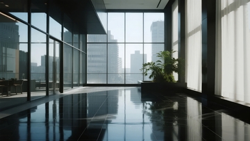 现代办公楼大厅宽敞明亮落地窗景观城市