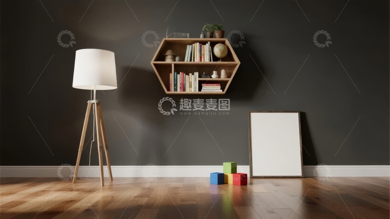 高清大图下载【趣麦麦图】现代简约风格室内一角摆放着书架和落地灯