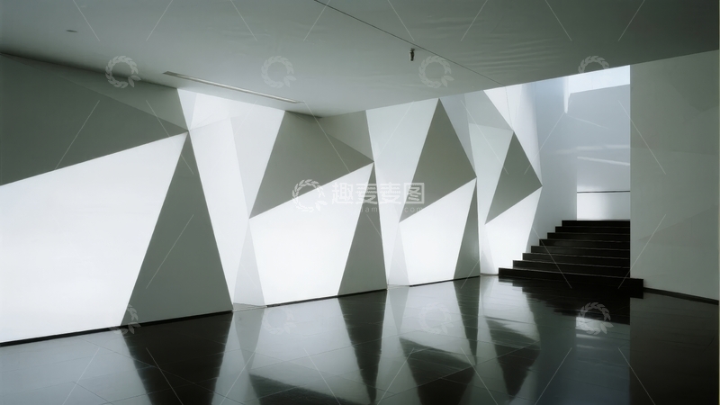 现代艺术展厅内几何光影交错的墙面设计