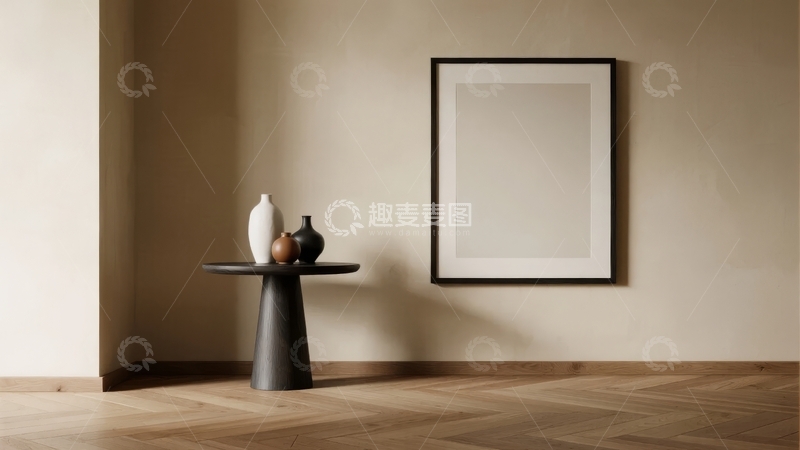 高清大图下载【趣麦麦图】简约室内角落摆放着装饰品和空白画框