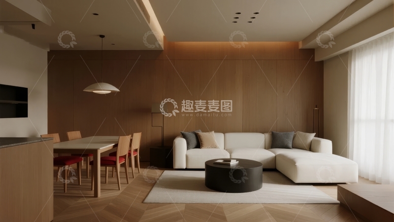 高清大图下载【趣麦麦图】现代简约风格客厅设计木质墙面与舒适家具组合