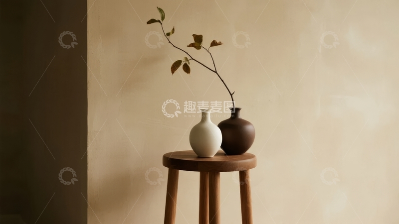 高清大图下载【趣麦麦图】简约风格的木质圆凳上摆放着两件陶艺花瓶与一枝干花