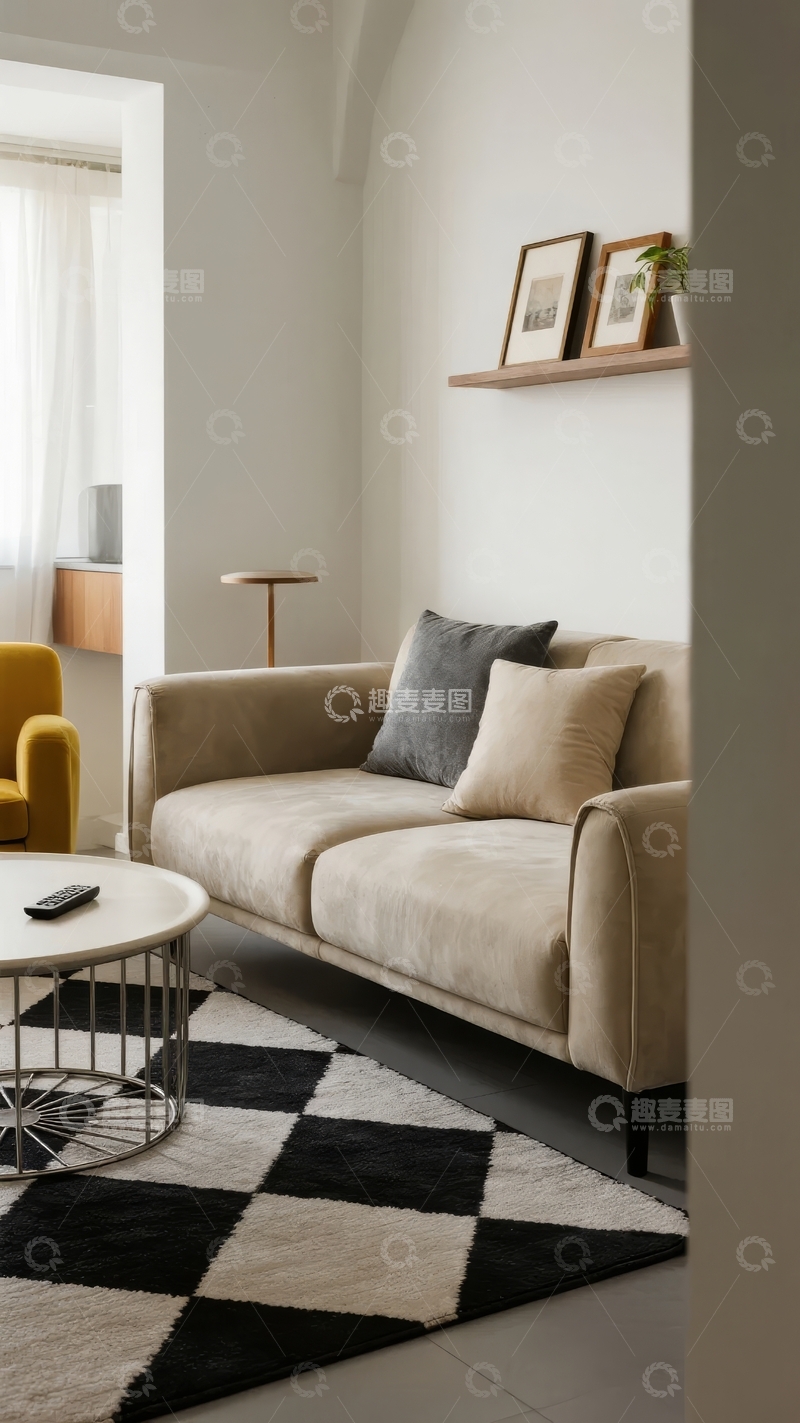 高清大图下载【趣麦麦图】现代简约客厅一角摆放着沙发和黄色扶手椅