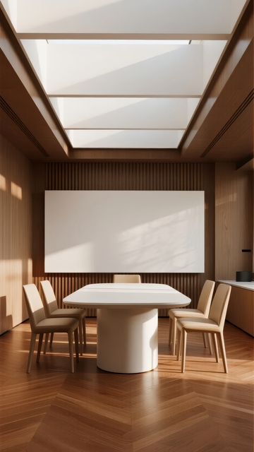 现代简约风格会议室配备长桌和投影幕布