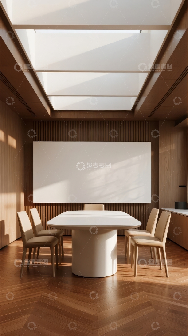 现代简约风格会议室配备长桌和投影幕布