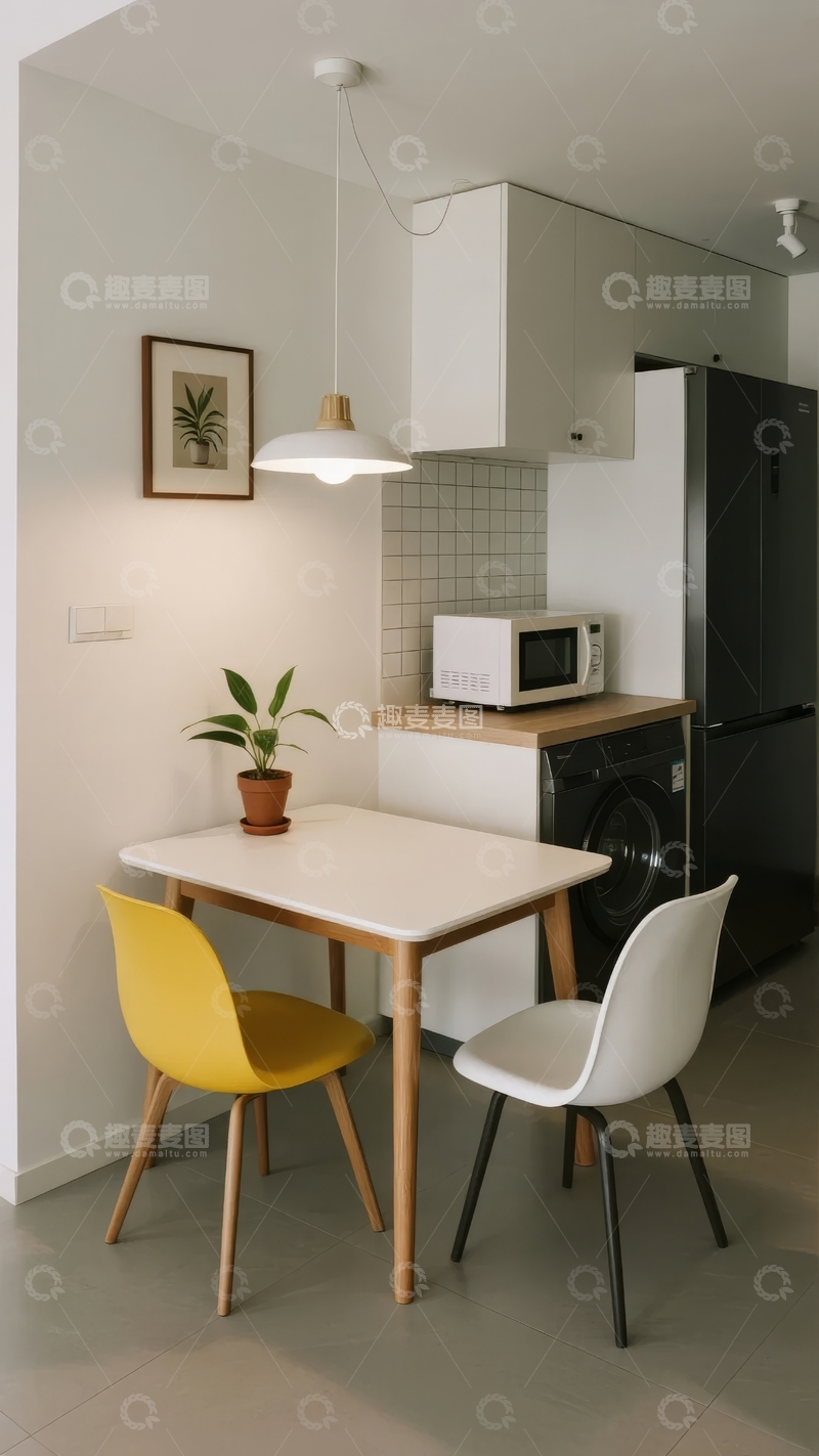 高清大图下载【趣麦麦图】现代简约风格厨房与用餐区结合的小户型空间