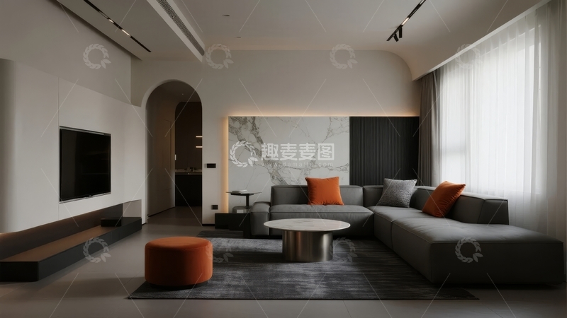 高清大图下载【趣麦麦图】现代简约风格客厅设计以灰色沙发和大理石背景墙为主