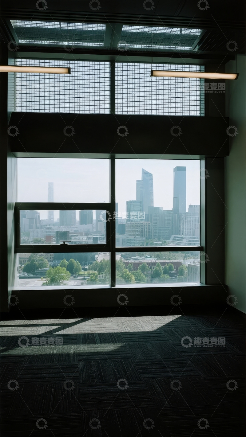 办公室窗户视角下的城市天际线景观