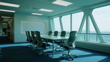 现代会议室临窗视角办公桌椅整齐排列