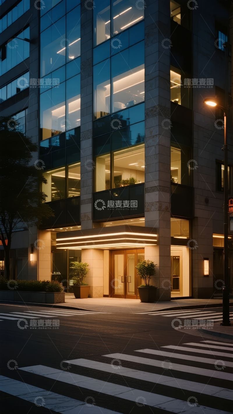 高清大图下载【趣麦麦图】夜晚灯光下的现代玻璃幕墙建筑入口