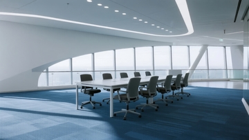 现代会议室配备长桌和多把椅子位于宽敞明亮的办公空间