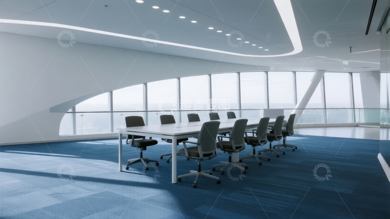 高清大图下载【趣麦麦图】现代会议室配备长桌和多把椅子位于宽敞明亮的办公空间