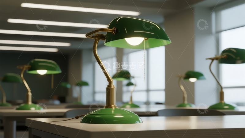 高清大图下载【趣麦麦图】现代办公室内排列整齐的绿色台灯