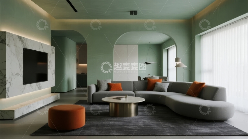 高清大图下载【趣麦麦图】现代简约风格客厅设计以绿色为主色调