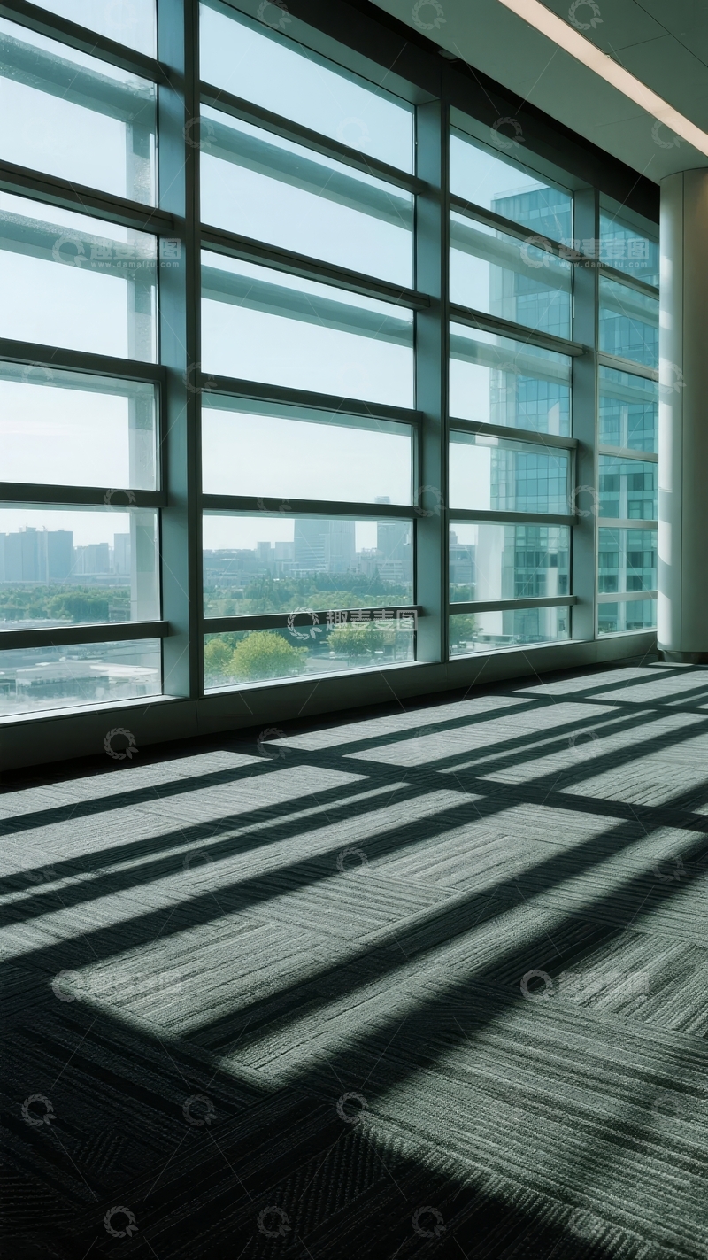 高清大图下载【趣麦麦图】现代办公室大窗户透进阳光窗外城市景观