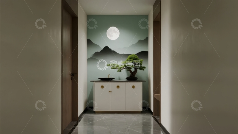 高清大图下载【趣麦麦图】现代中式风格走廊墙面装饰山水画与盆景摆件