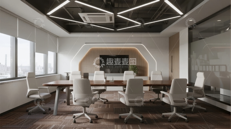 高清大图下载【趣麦麦图】现代会议室配备白色办公椅和大型显示屏