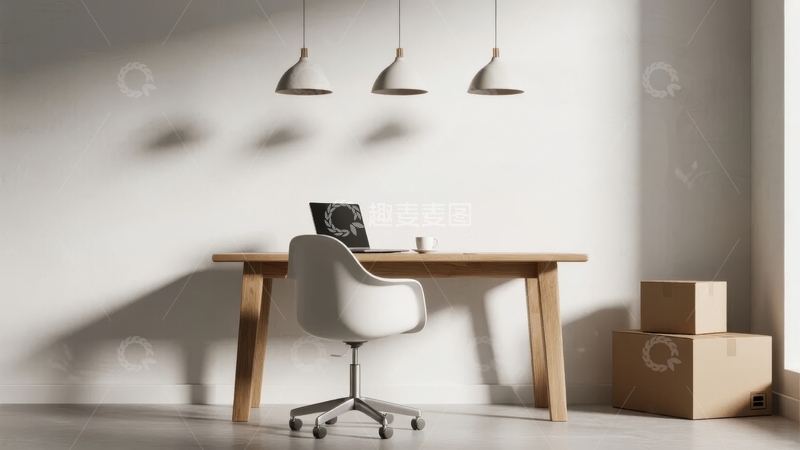 简约风格办公室角落摆放着木质桌子和白色椅子