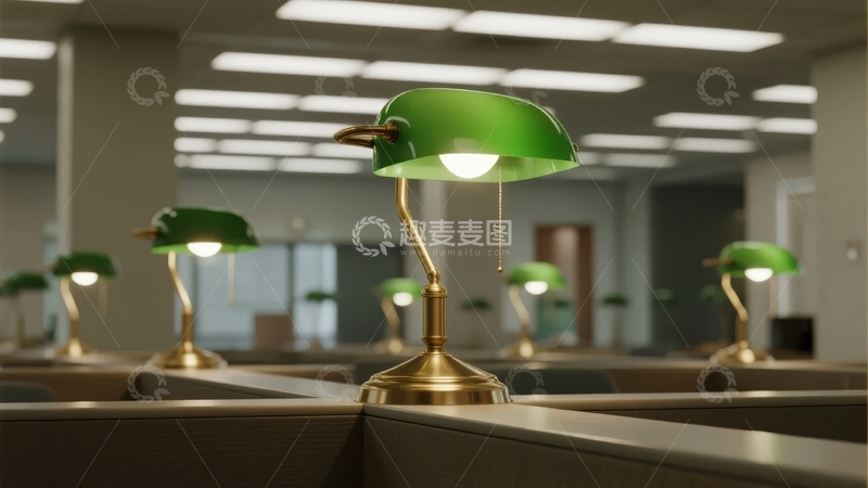 高清大图下载【趣麦麦图】办公室内排列整齐的绿色台灯场景
