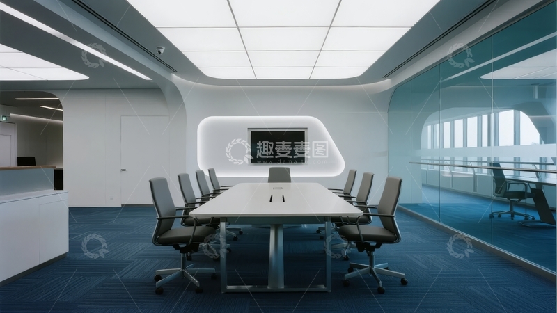 高清大图下载【趣麦麦图】现代会议室配备长桌和环绕屏幕设计