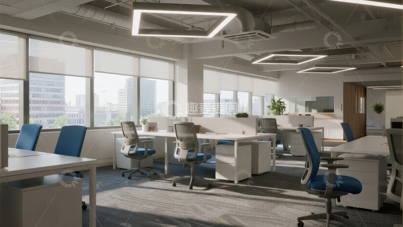 高清大图下载【趣麦麦图】现代开放式办公室配备蓝色办公椅和大面积窗户