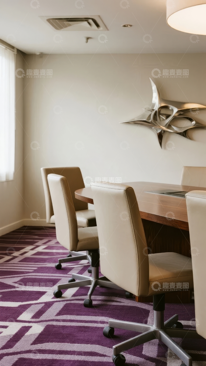 高清大图下载【趣麦麦图】现代会议室配备木质长桌和金属装饰艺术品