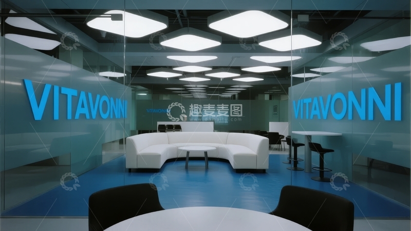 高清大图下载【趣麦麦图】现代办公室休息区配备弧形沙发和蓝色标识