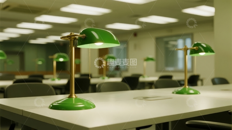 高清大图下载【趣麦麦图】空教室内的绿色台灯照亮白色书桌