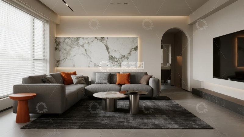 高清大图下载【趣麦麦图】现代简约风格客厅设计配有灰色沙发和大理石背景墙