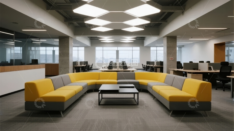 高清大图下载【趣麦麦图】现代办公室休息区配备黄色沙发和开放式工作区