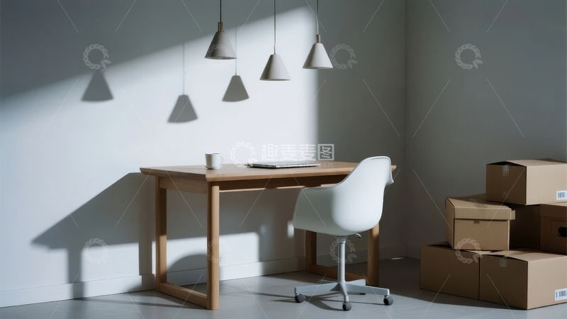 高清大图下载【趣麦麦图】简约室内角落阳光洒落桌椅与纸箱静置