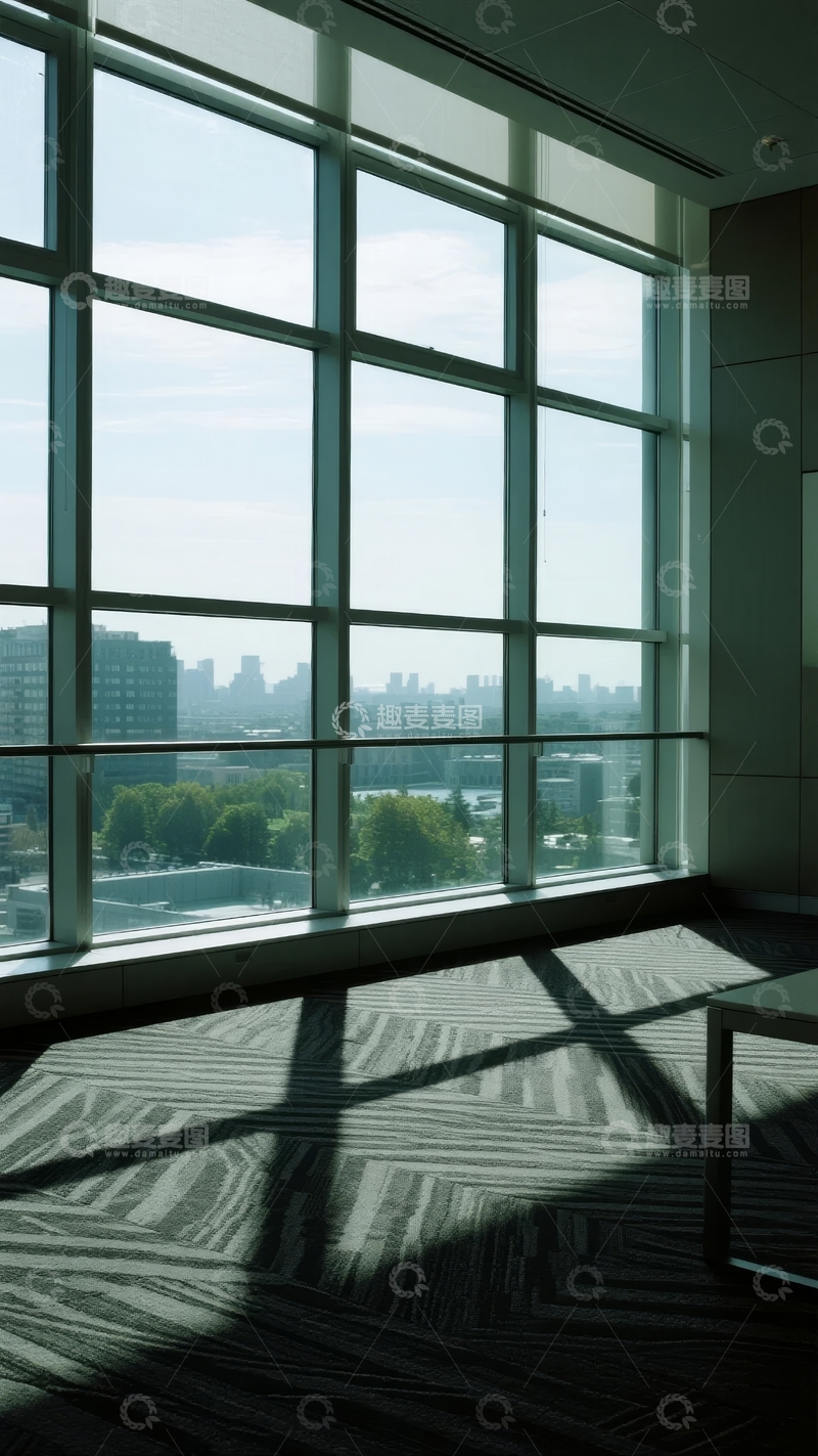 高清大图下载【趣麦麦图】现代办公室大窗户透进城市景观的明亮室内