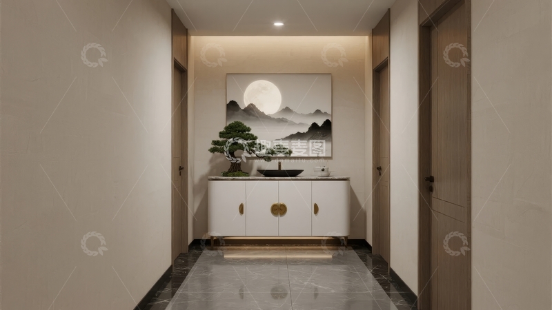 高清大图下载【趣麦麦图】现代简约风格的室内走廊装饰画与柜子