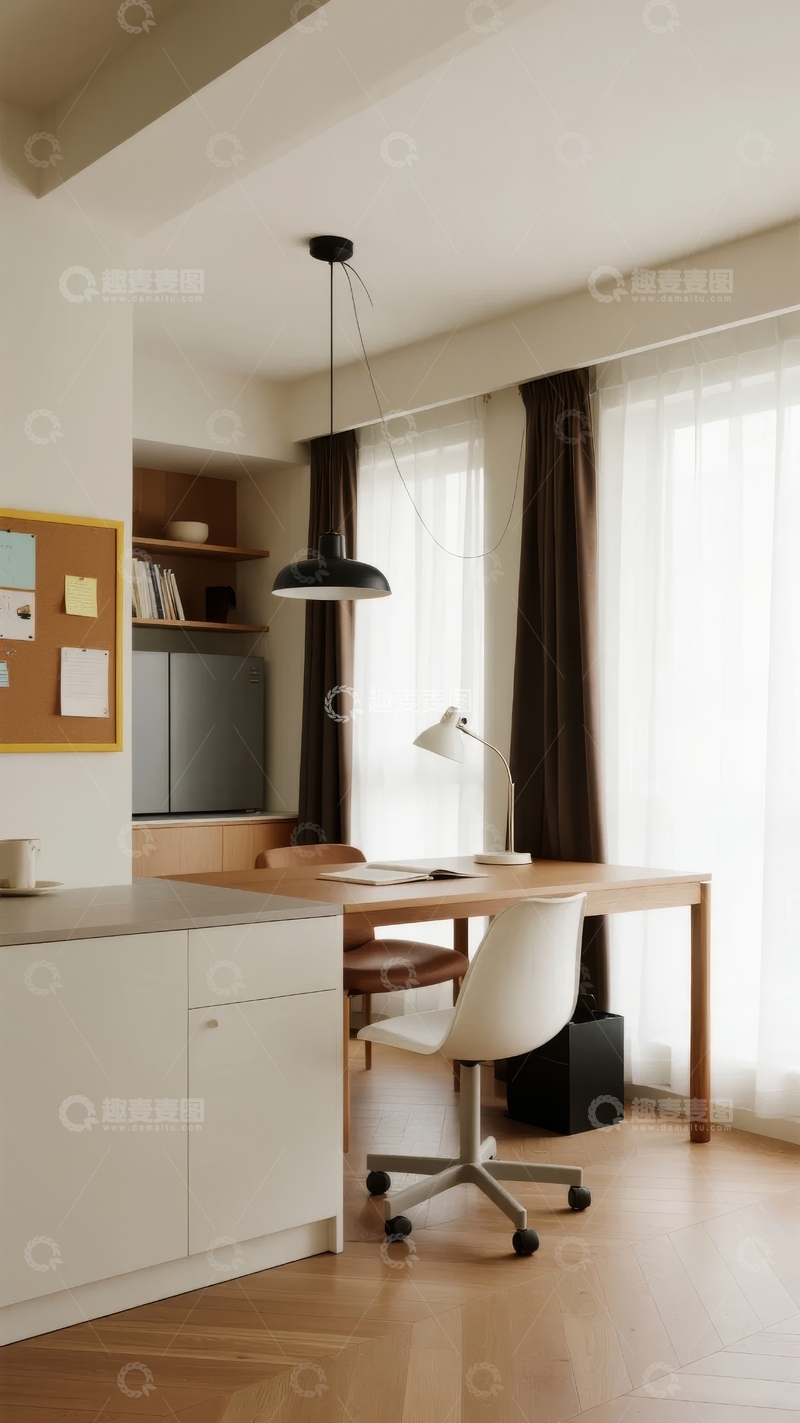 高清大图下载【趣麦麦图】现代简约风格的室内办公角落配有木质书桌和吊灯