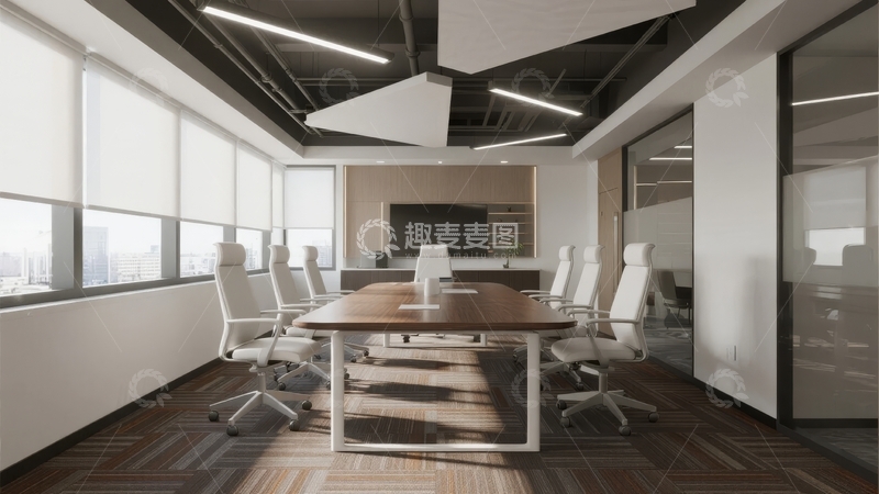 高清大图下载【趣麦麦图】现代办公室会议室配备长桌和舒适座椅