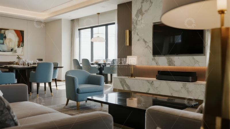 高清大图下载【趣麦麦图】现代豪华客厅与餐厅相连的宽敞室内空间